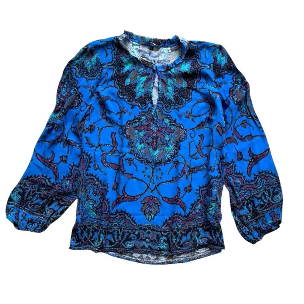 Kobi Halperin Jayden Silk Blouse M Blue Floral Paisley Print Keyhole Blouson Top